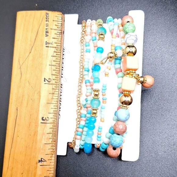BEADED bracelets Bohemian Elastic Charms Multi layered pastels - Picture 2 of 4